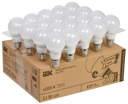 Лампа LED A60 шар 11Вт 230В 4000К E27 (20шт/жкхпак) IEK
