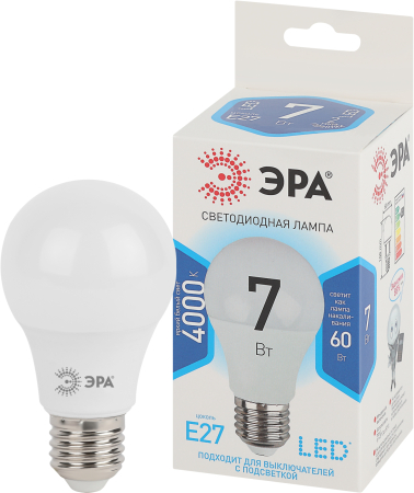 Лампы СВЕТОДИОДНЫЕ СТАНДАРТ LED A60-7W-840-E27  ЭРА (диод, груша, 7Вт, нейтр, E27)