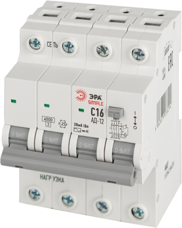 D12E4C16AC30  АВДТ 4,5кА ЭРА SIMPLE D12E4C16AC30 АД-12 электронное 3P+N С16 30мА тип АС
