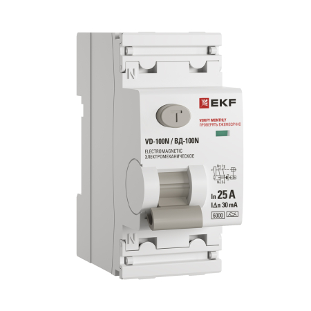 Выключатель дифференциального тока ВД-100N 2P 25А 30мА тип A эл-мех 6кА PROXIMA EKF
