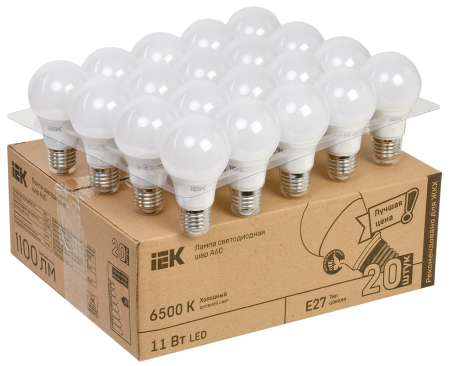 Лампа LED A60 шар 11Вт 230В 6500К E27 (20шт/жкхпак) IEK