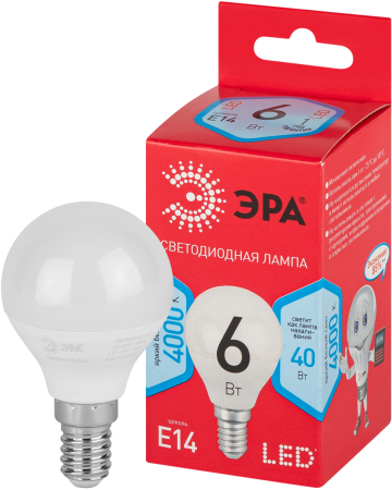 LED P45-6W-840-E14 R  Лампочка светодиодная ЭРА RED LINE LED P45-6W-840-E14 R E14 / Е14 6Вт шар нейтральный белый свет