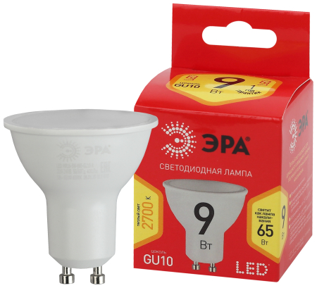 Лампа светодиодная Эра ECO LED MR16-9W-827-GU10  ЭРА (диод, софит, 9Вт, тепл, GU10)