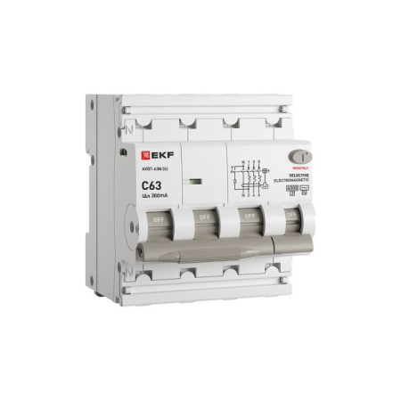 Автоматический выключатель дифференциального тока селективный АВДТ-63N (S) 3P+N 63А 300мА характеристика C тип AC электромеханический 6кА PROXIMA EKF