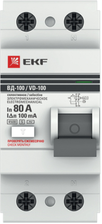 Устройство защитного отключения селективное 2P 80А/100мА (электромеханическое) EKF PROxima
