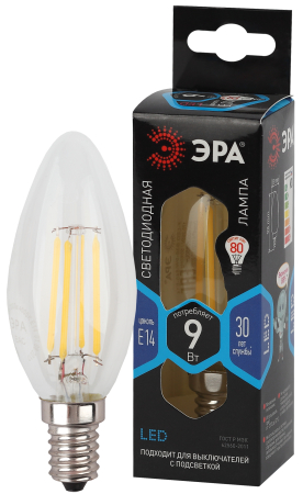 F-LED B35-9w-840-E14 ЭРА (филамент, свеча, 9Вт, нейтр, E14) (10/100/3500)