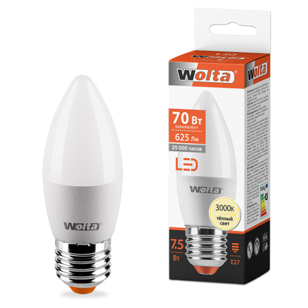 Лампа LED WOLTA C37 7.5Вт 625лм Е27 3000К   1/50