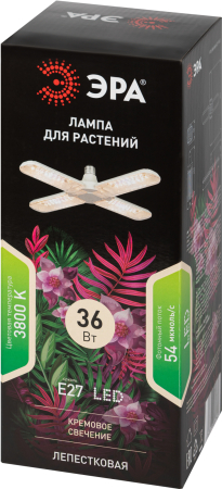 FITO-36W-Rа90-E27-FOLD   Фитолампа для растений светодиодная ЭРА FITO-36W-Rа90-E27-FOLD 4-х лепестковая полного спектра 36 Вт Е27