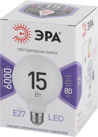 Лампочка светодиодная ЭРА STD LED G95-15W-6000K-E27 E27 / Е27 15Вт шар холодный белый свет