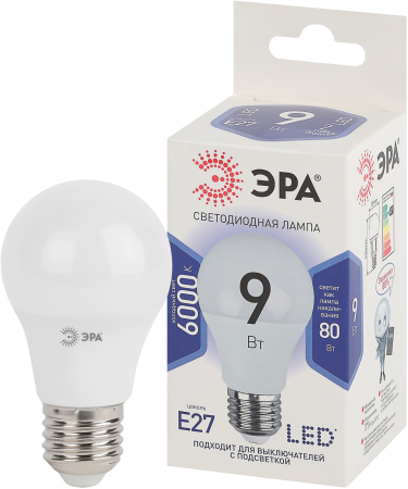 LED A60-9W-860-E27 ЭРА (диод, груша, 9Вт, хол, E27) (10/100/1500)