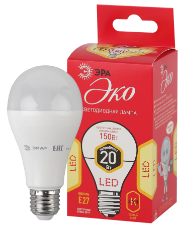Лампы СВЕТОДИОДНЫЕ ЭКО ECO LED A65-20W-827-E27  ЭРА (диод, груша, 20Вт, тепл, E27)