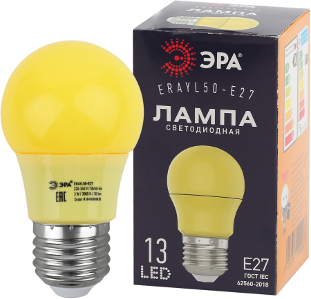 ERAYL50-E27 ЭРА LED A50-3W-E27 ЭРА (диод. груша желт., 13SMD, 3W, E27, для белт-лайт) (10/100/3600)
