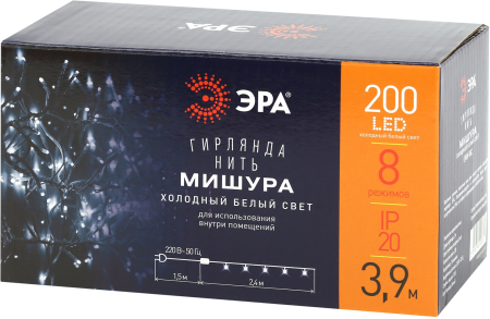 ENIN - WC ЭРА Гирлянда LED Мишура 3,9 м белый провод, холодный свет,  220V (24/576)