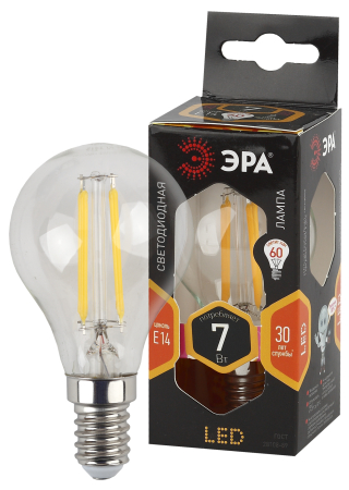 Лампа светодиодная Эра F-LED P45-7W-827-E14 (филамент, шар, 7Вт, тепл, E14)