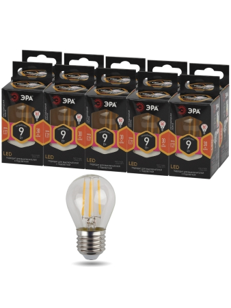 F-LED P45-9w-827-E27 ЭРА (филамент, шар, 9Вт, тепл, E27) (10/100/4000)