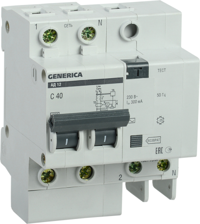 Диф. автомат АД12 2Р 40А 300мА GENERICA