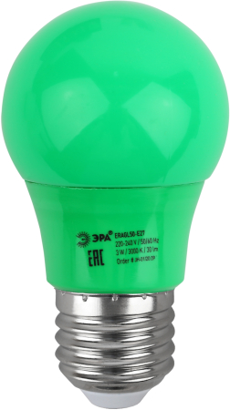 ERAGL50-E27 ЭРА LED A50-3W-E27 ЭРА (диод. груша зел., 13SMD, 3W, E27, для белт-лайт) (10/100/3600)
