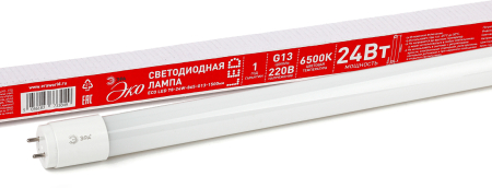 Лампа светодиодная Эра ECO LED T8-24W-865-G13-1500mm (диод,трубка стекл,24Вт,хол,непов. G13)