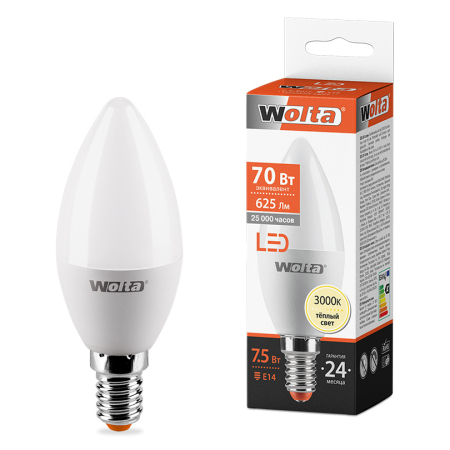 Лампа LED WOLTA C37 7.5Вт 625лм  Е14 3000К   1/50