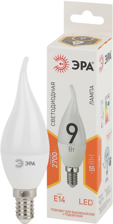 Лампа светодиодная Эра LED BXS-9W-827-E14 (диод, свеча на ветру, 9Вт, тепл, E14)