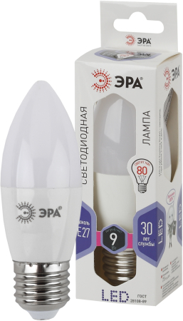 Лампа светодиодная Эра LED B35-9W-860-E27 (диод, свеча, 9Вт, хол, E27)