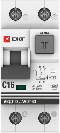 Дифференциальный автомат АВДТ-63 16А/30мА (характеристика C, эл-мех, тип А) 6кА EKF PROxima