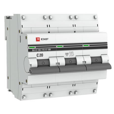 Автоматический выключатель 3P 20А (C) 10kA ВА 47-100M без теплового расцепителя EKF PROxima