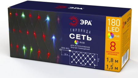 Гирлянды ENIS-01R  ЭРА Гирлянда LED Сеть 1,8 м*1,5 м RGB 8 режимов, 220V, IP20