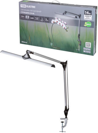 Светильник светодиодный струбцина СН-60, 2 колена, сенс-димм, 220 В, 14Вт, 5000 К, сереб-черн, TDM