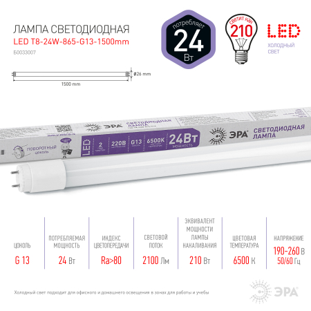 Лампа светодиодная Эра LED T8-24W-865-G13-1500mm (диод,трубка стекл,24Вт,хол,пов. G13)