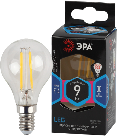 F-LED P45-9w-840-E14 ЭРА (филамент, шар, 9Вт, нейтр, E14) (10/100/4000)