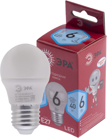 LED P45-6W-840-E27 R ЭРА (диод, шар, 6Вт, нейтр, E27) (10/100/4000)