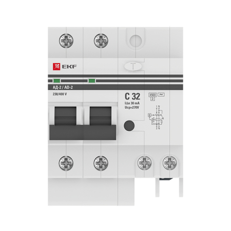 Дифференциальный автомат АД-2 32А/ 30мА (хар. C, AC, электронный, защита 270В) 4,5кА EKF PROxima