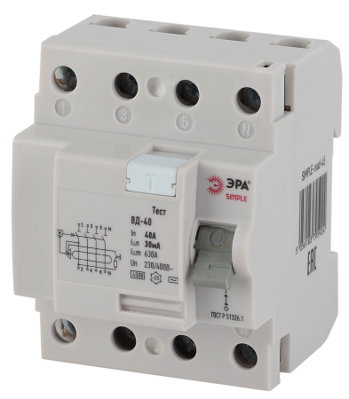 УЗО ВД-40 Электронное 4P 40А 30mA SIMPLE-mod-45 ЭРА SIMPLE