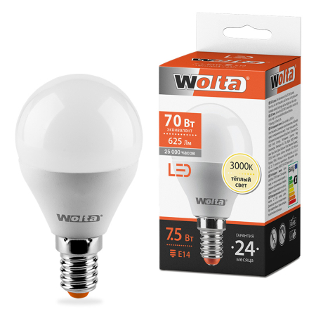 Лампа LED WOLTA G45 7.5Вт 625лм Е14 3000К   1/50