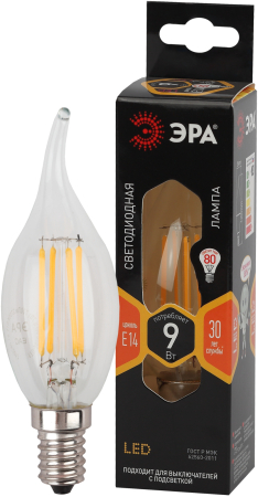 F-LED BXS-9W-827-E14 ЭРА (филамент, свеча на ветру, 9Вт, тепл, E14) (10/100/4000)