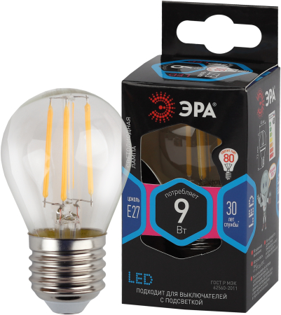 F-LED P45-9w-840-E27 ЭРА (филамент, шар, 9Вт, нейтр, E27) (10/100/4000)