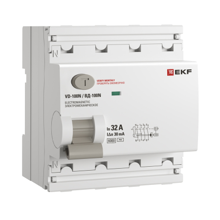 Выключатель дифференциального тока ВД-100N 4P 32А 30мА тип AC эл-мех 6кА PROXIMA EKF