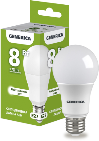Лампа LED A60 груша 8Вт 230В 4000К E27 GENERICA