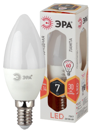 Лампа светодиодная Эра LED B35-7W-827-E14 (диод, свеча, 7Вт, тепл, E14),