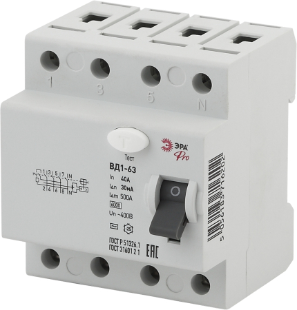 УЗО ВД1-63 Электромеханическое 3P+N 40А 30mA NO-902-39 ЭРА Pro