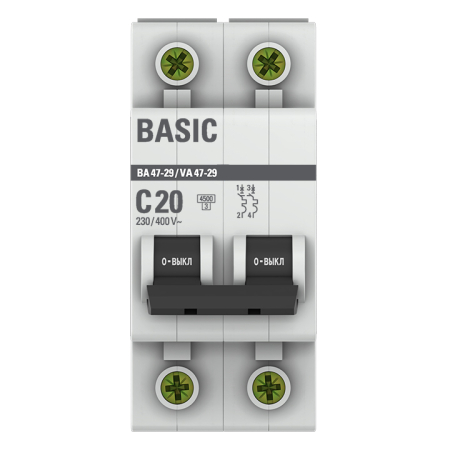 Автоматический выключатель 2P 20А (C) 4,5кА ВА 47-29 EKF Basic