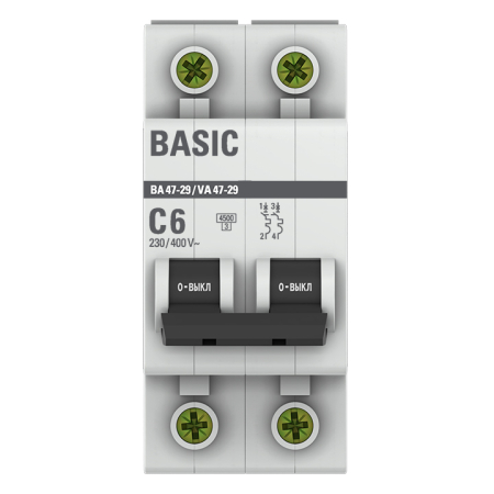 Автоматический выключатель 2P  6А (C) 4,5кА ВА 47-29 EKF Basic