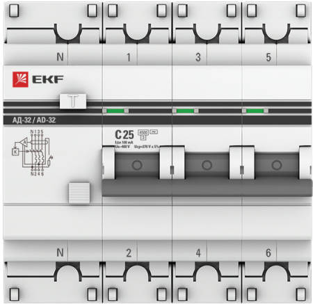 Дифференциальный автомат АД-32 3P+N 25А/100мА (хар. C, AC, электронный, защита 270В) 4,5кА EKF PROxi