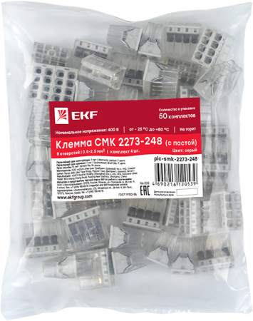 Строительно-монтажная клемма СМК 2273-248 (с пастой) 8 отверстий 0,5-2.5мм2 (50шт.) EKF PROxima