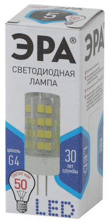 Лампы СВЕТОДИОДНЫЕ СТАНДАРТ LED JC-5W-220V-CER-840-G4  ЭРА (диод, капсула, 5Вт, нейтр, G4)