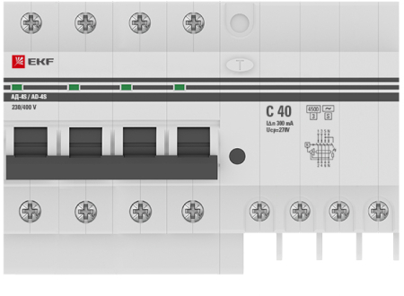 Дифференциальный автомат АД-4 S 40А/300мА (хар. C, AC, электронный, защита 270В) 4,5кА EKF PROxima
