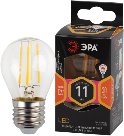 F-LED P45-11w-827-E27 ЭРА (филамент, шар, 11Вт, тепл, E27) (10/100/4000)