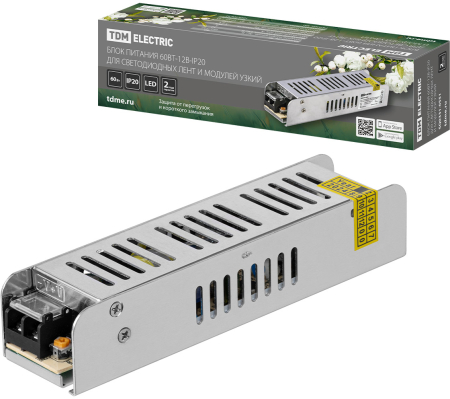 Блок питания 60Вт-12В-IP20 для светодиодных лент и модулей, металл, узкий, TDM