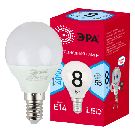 LED P45-8W-840-E14 R  Лампочка светодиодная ЭРА RED LINE LED P45-8W-840-E14 R E14 / Е14 8 Вт шар нейтральный белый свет